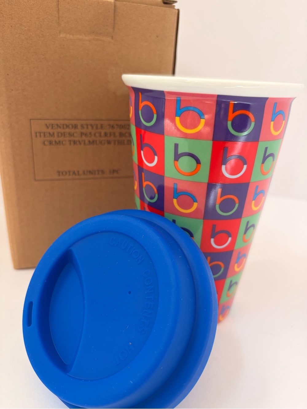 Bloomingdale's Multicolor Checker 'b' Logo Travel Mug with Blue Lid - Picture 6 of 8
